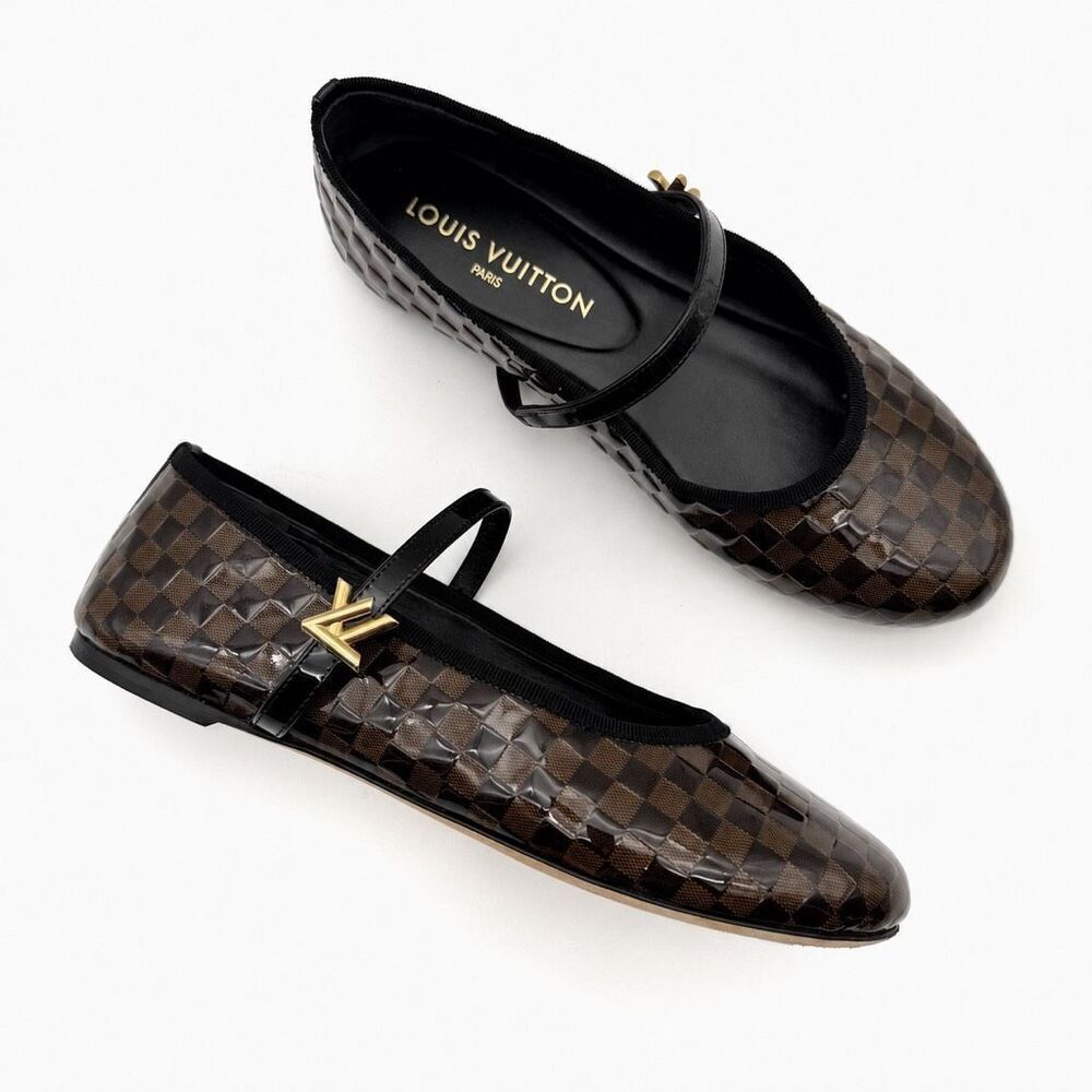 LOUIS VUITTON Romy Maryjane Ballet Flat Size 38 Damier Black Brown Leather